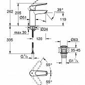 Смеситель для раковины, размер M, нажимной донный клапан Grohe Eurosmart 23981003